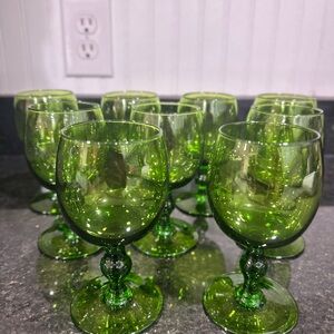 Set of 9 Green Glass Goblets